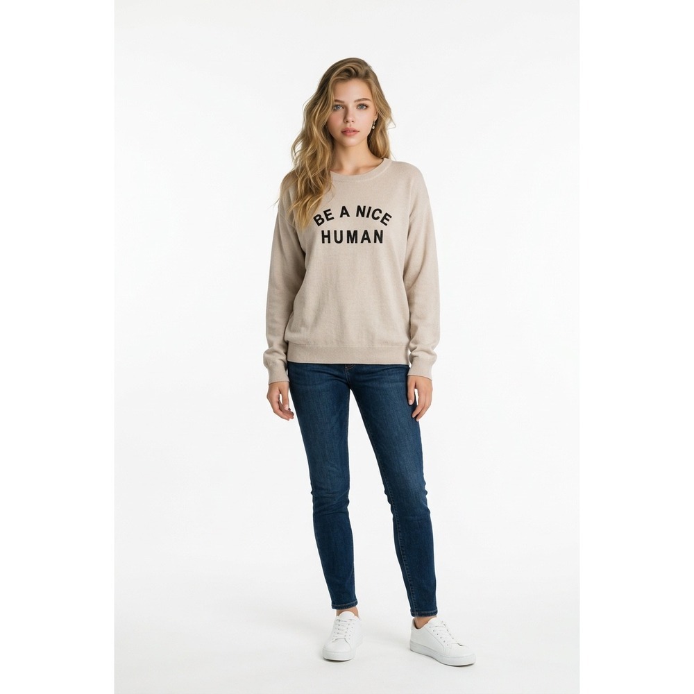 Be A Nice Human Graphic Sweatshirt Tan Beige Crewneck Pullover Womens Medium